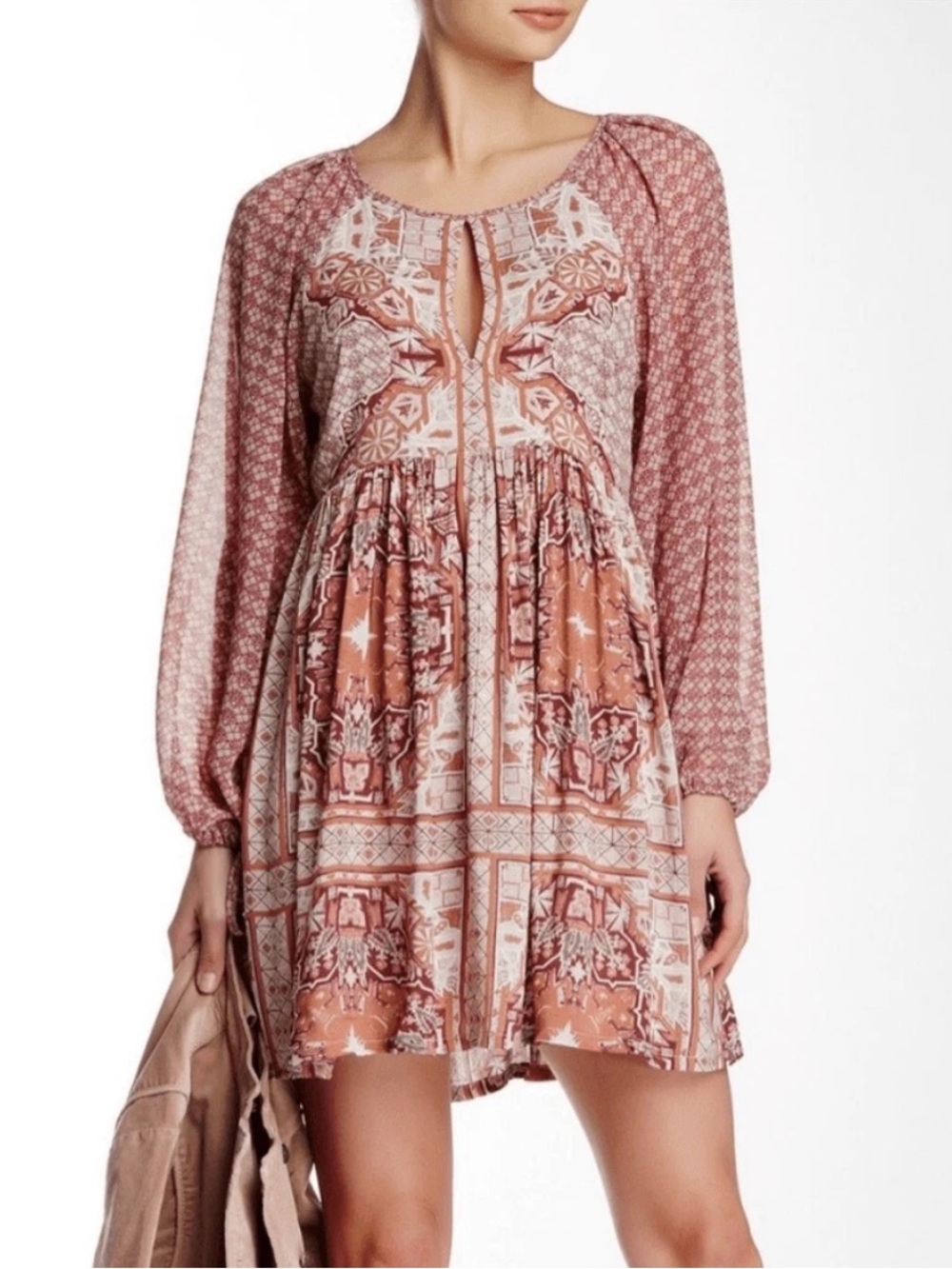 Free People Oksana Mini Dress Boho Paisley Pink Print Long Sleeve Size 6